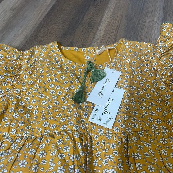 Beet World Girls 9-10 Sara Tiered Dress Mustard Yellow Floral Flutter Sleeves - Picture 3 of 7